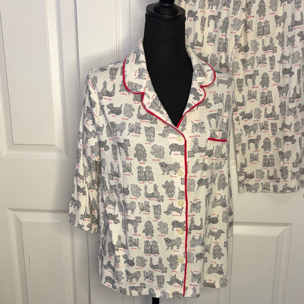 Karen Neuburger Cotton Blend White Dog Print Pajama Set with Red Piping M/L